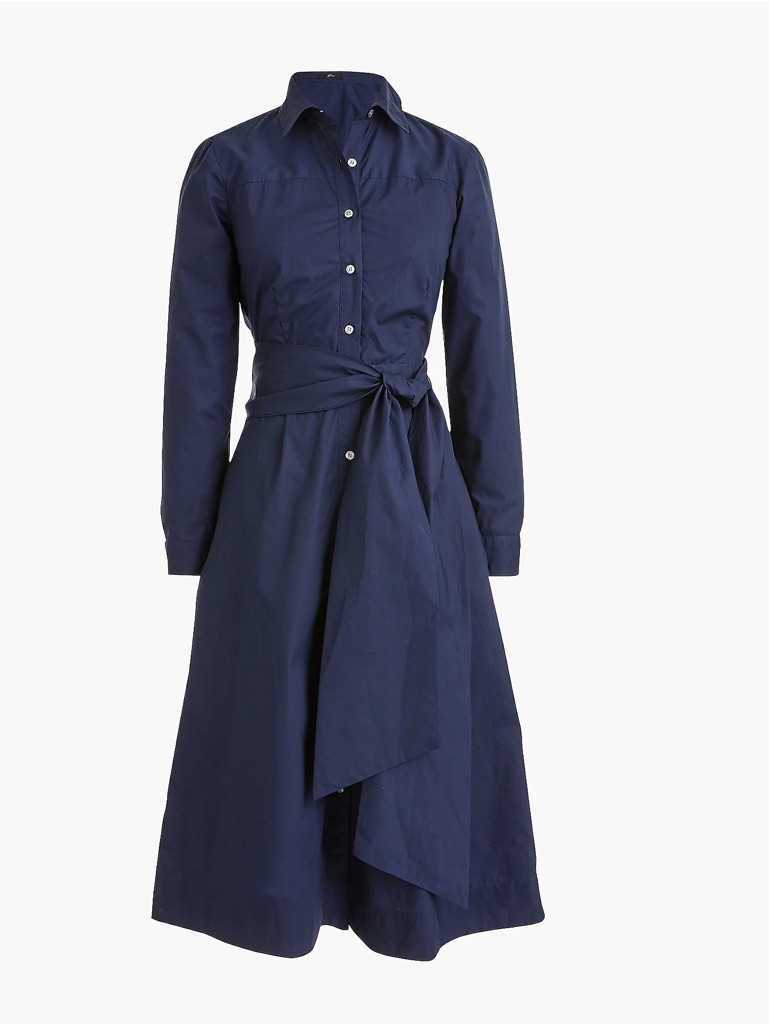 J. Crew Navy Tie-Waist Shirt-Dress In Cotton Poplin